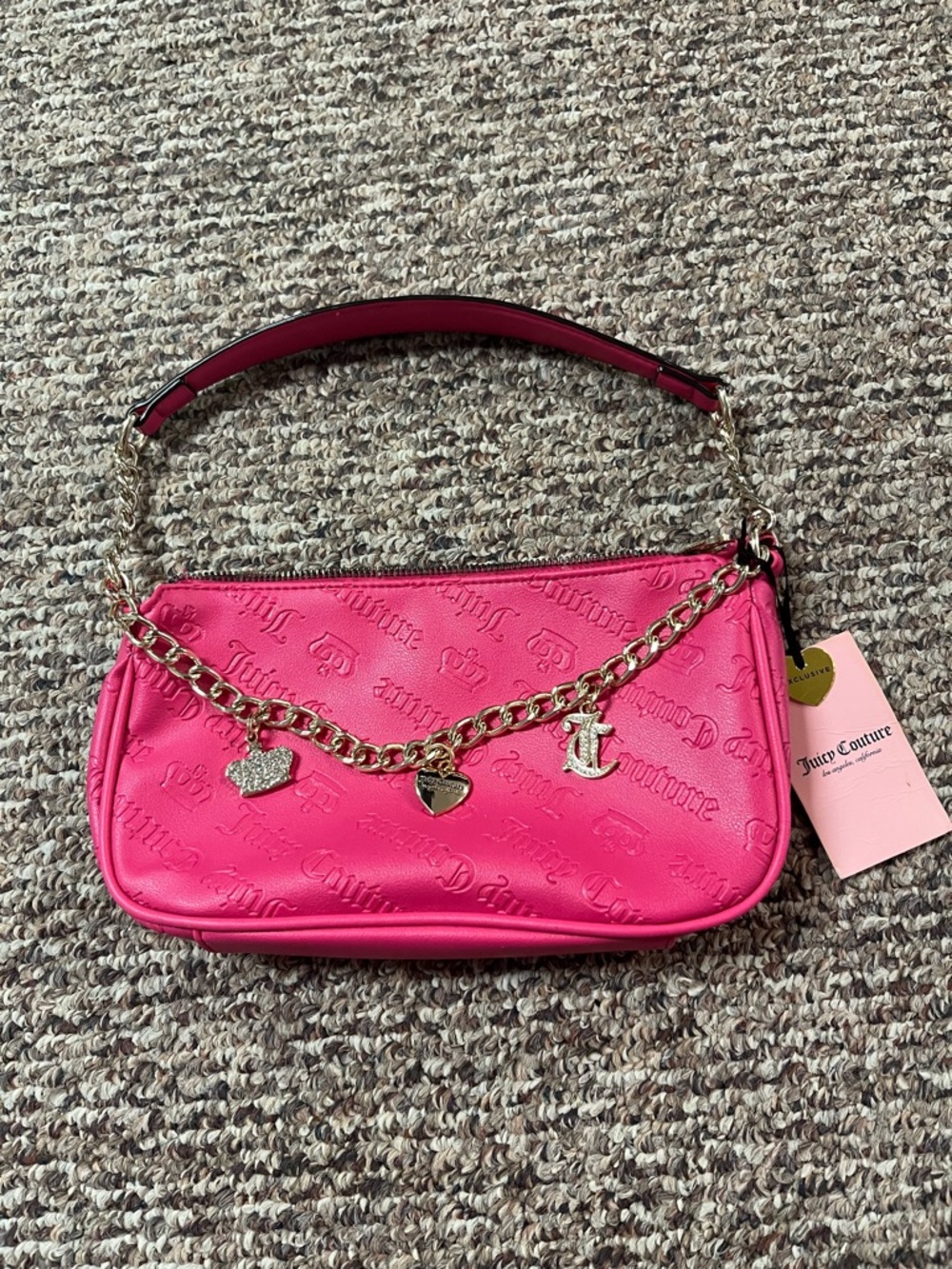 Juicy Couture Hot Pink Embossed Shoulder Bag with Gold Charm Chain